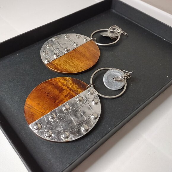 Very Large Wood And Metal Dangle Earrings - Picture 13 of 16